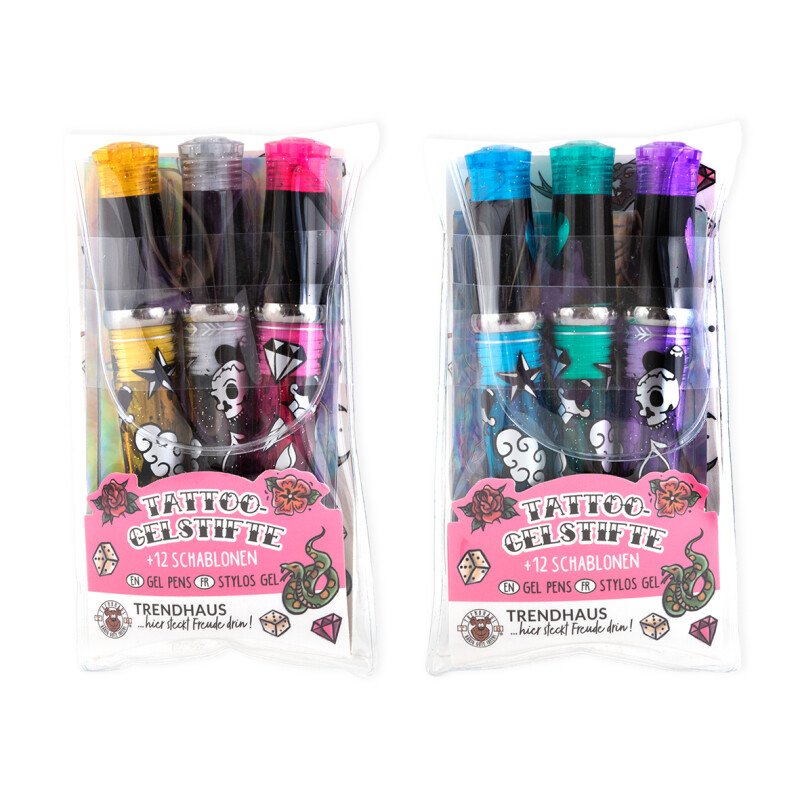 Tattoo Gel Pens for Kids – 3 pcs + Stencils (2 Designs)