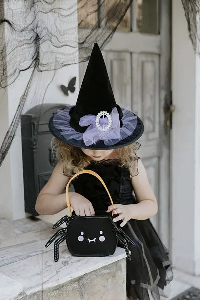 Spider Halloween Trick-or-Treat Bag – Black Felt Candy Bucket with Handle