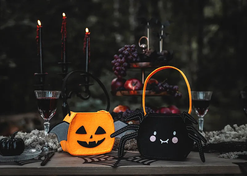 Spider Halloween Trick-or-Treat Bag – Black Felt Candy Bucket with Handle