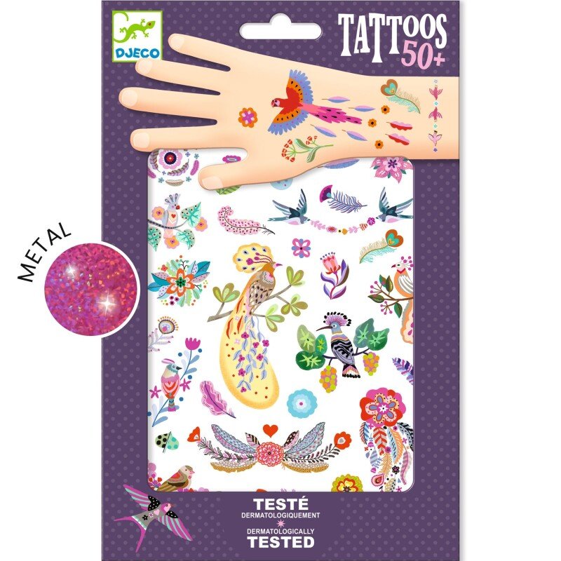 Kids Temporary Tattoos “Bright Birds” – 50+ Pieces (Metallic)