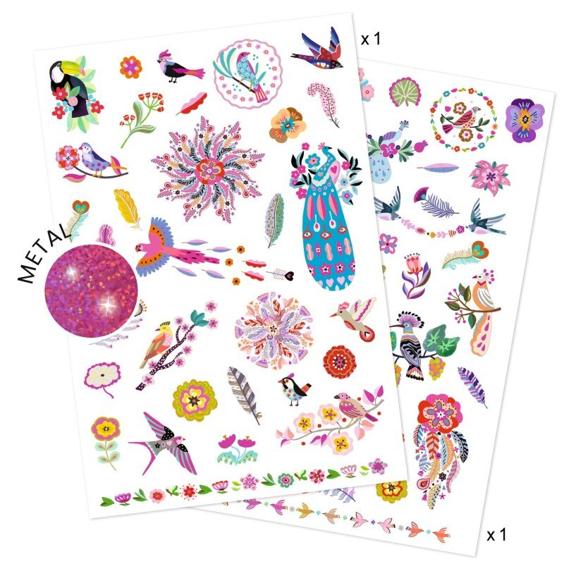 Kids Temporary Tattoos “Bright Birds” – 50+ Pieces (Metallic)