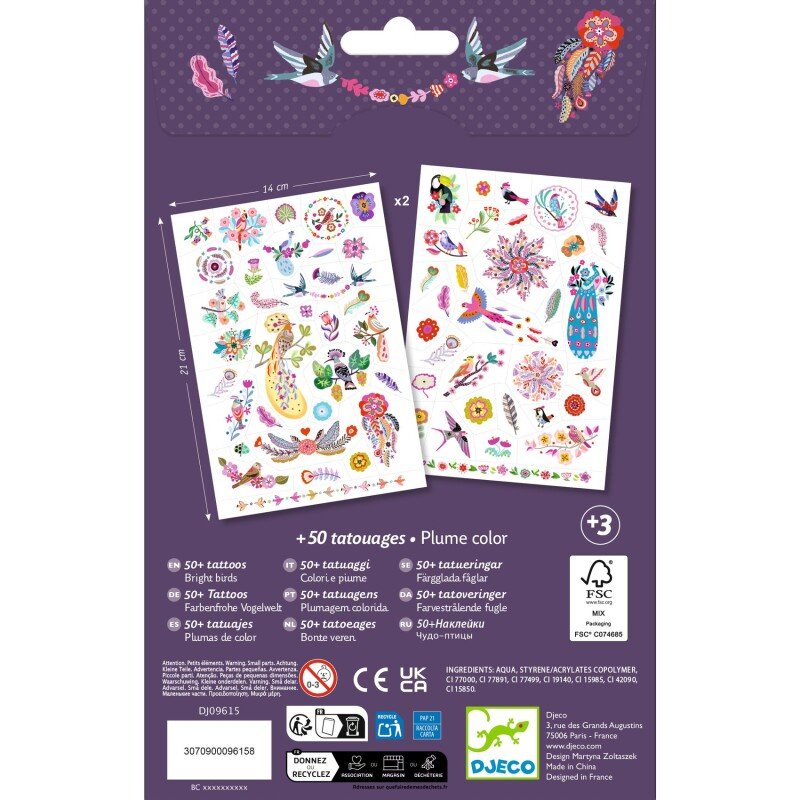 Kids Temporary Tattoos “Bright Birds” – 50+ Pieces (Metallic)