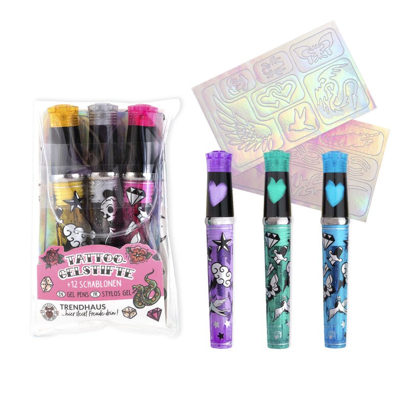 Tattoo Gel Pens for Kids – 3 pcs + Stencils (2 Designs)