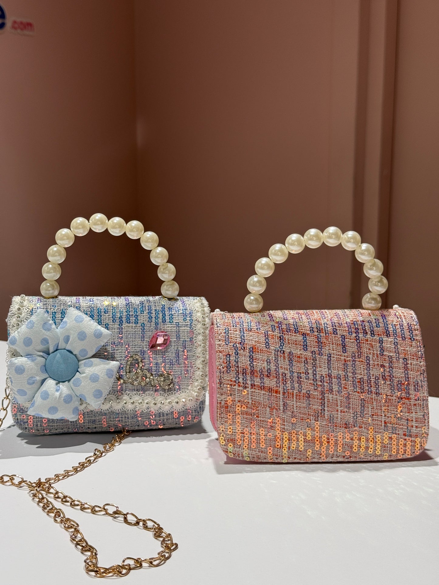 Girls’ Sequin Handbag with Pearl Handle and Chain