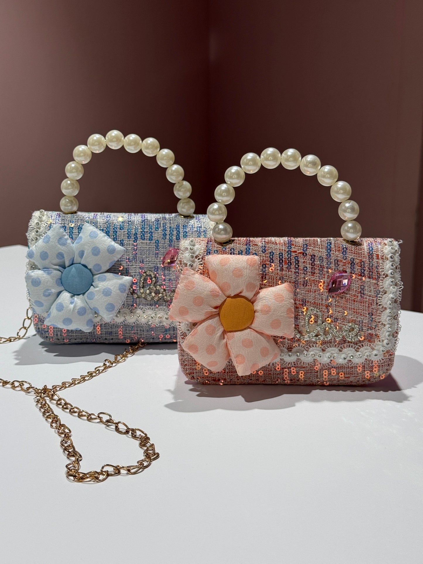 Girls’ Sequin Handbag with Pearl Handle and Chain