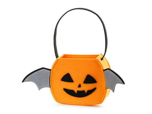 Pumpkin Halloween Trick-or-Treat Bag – Orange Felt Candy Bucket with Bat Wings
